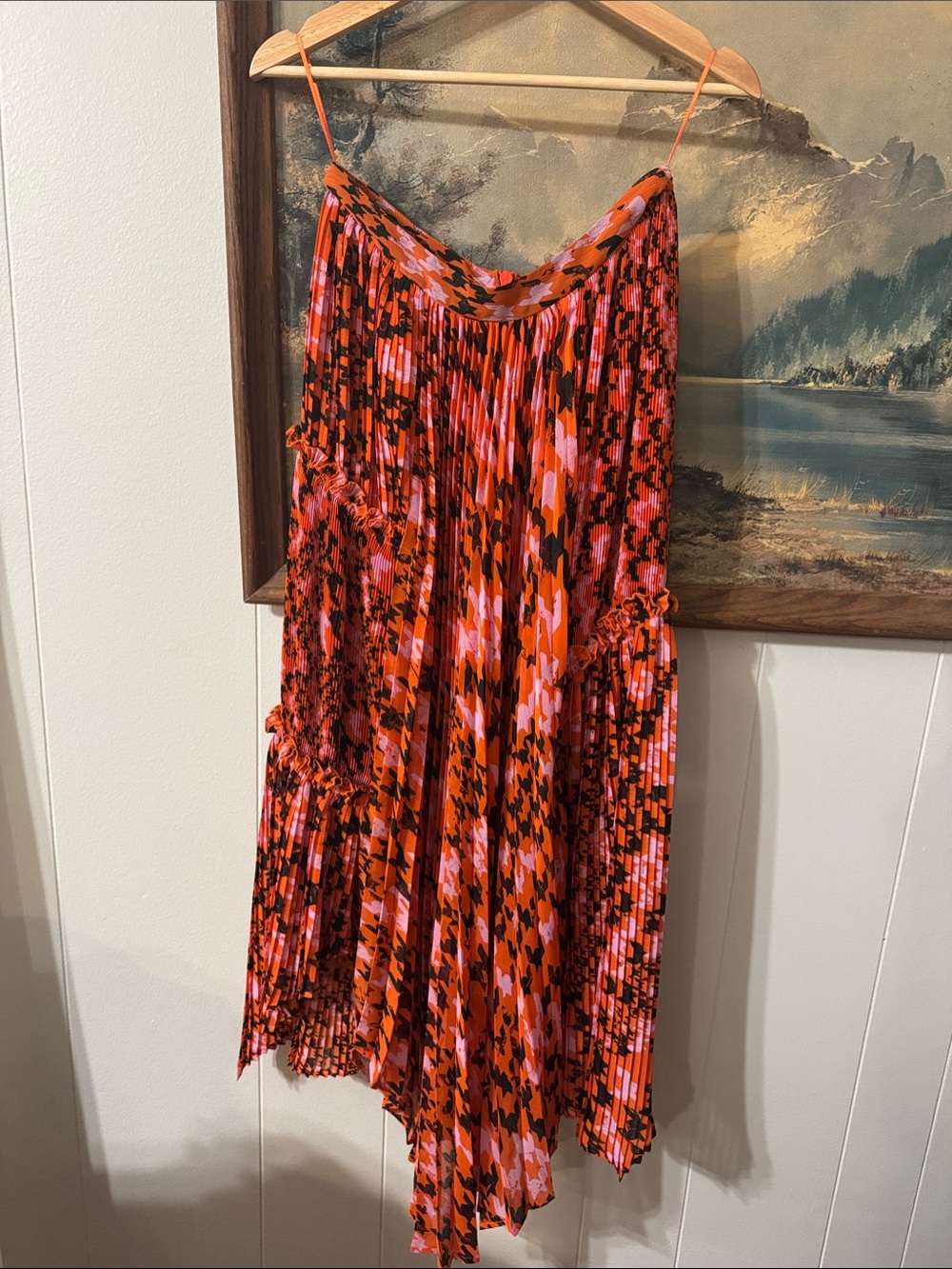 Topshop Orange & Pink Pleated Asymmetrical Skirt